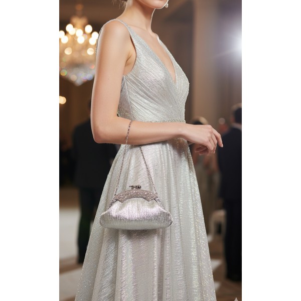 Evening Bag - Shimmer Crescent Shape W/Rhinestone Accent Frame - Silver - BG-651EL-SV